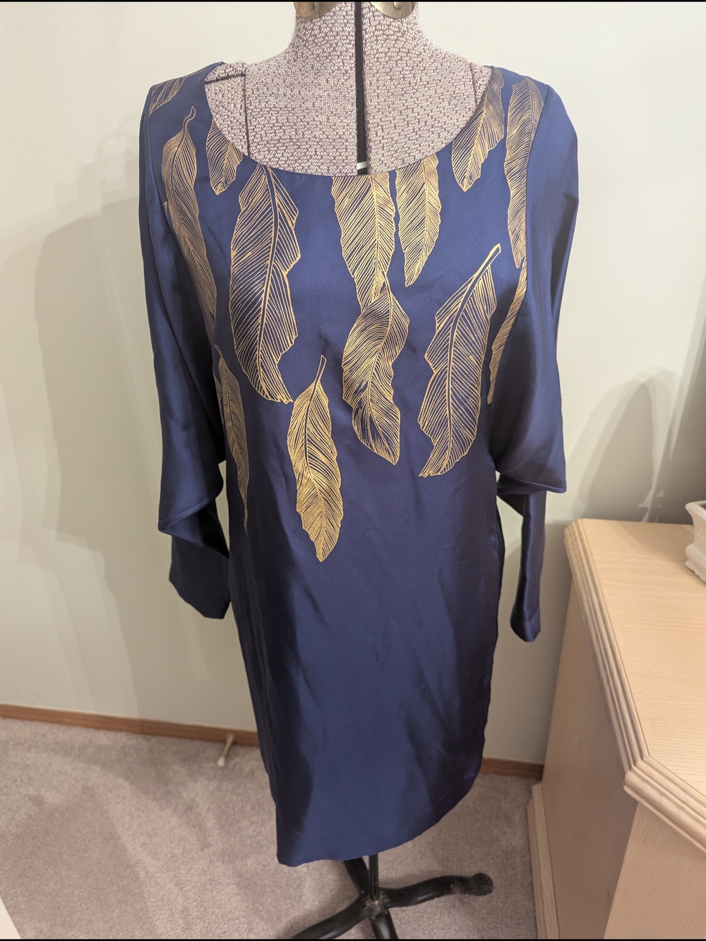 Navy Dress with Gold Feather Print - Women's Elegant Shift Dress